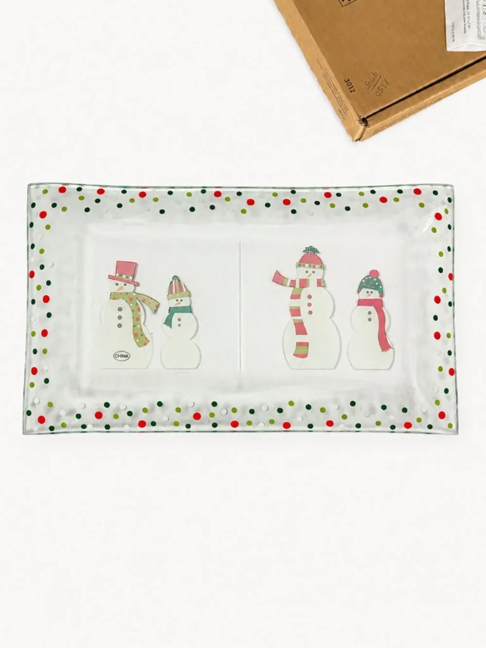 Pampered Chef Snowmen Dots Divided Glass Platter 3012 NIB Christmas retired